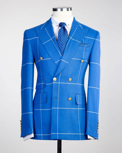 Bright Blue Plaid Suit for Men – Slim Fit Double Breasted Style